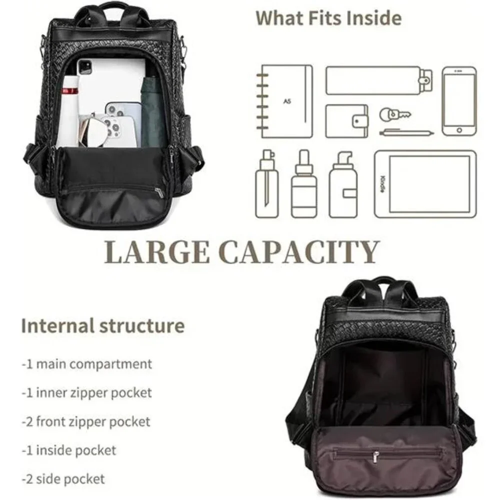 Woven Leather Backpack Purse for Women Waterproof Anti-theft Multipurpose